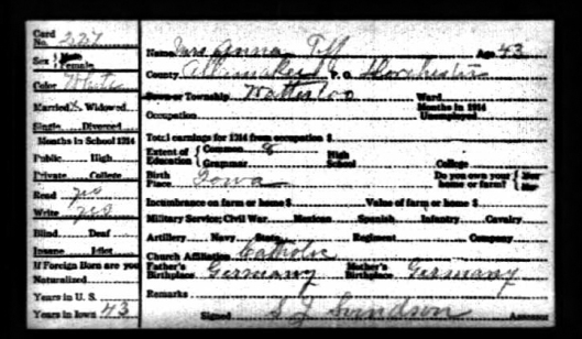 Anna Schwartzhoff 1915 Iowa Census card